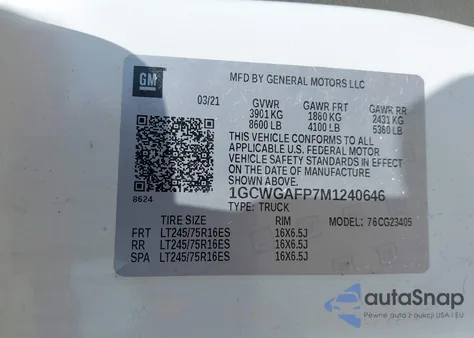 2021 Chevrolet Express Cargo Rwd 2500 Regular Wheelbase Wt from USA, damaged, VIN 1GCWGAFP7M1240646